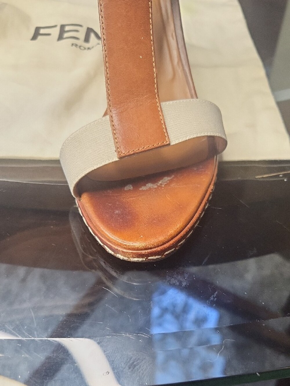 Fendi Brown & Cream Leather Wedge Sandals - Picture 8 of 11